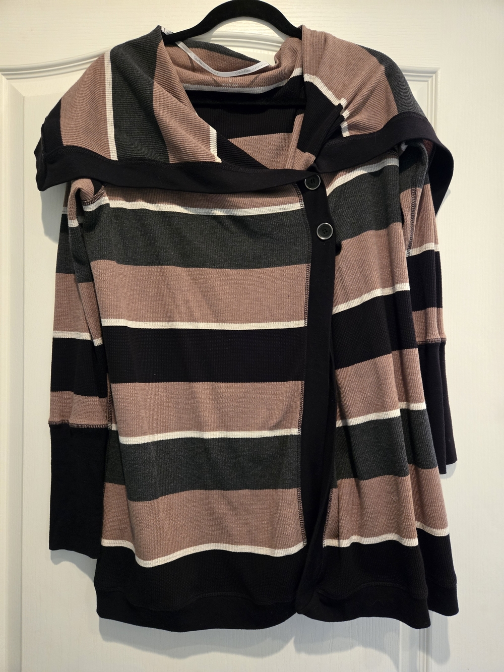 Calvin Klein Performance Striped Asymmetric Cardigan in Mauve, Black & Gray